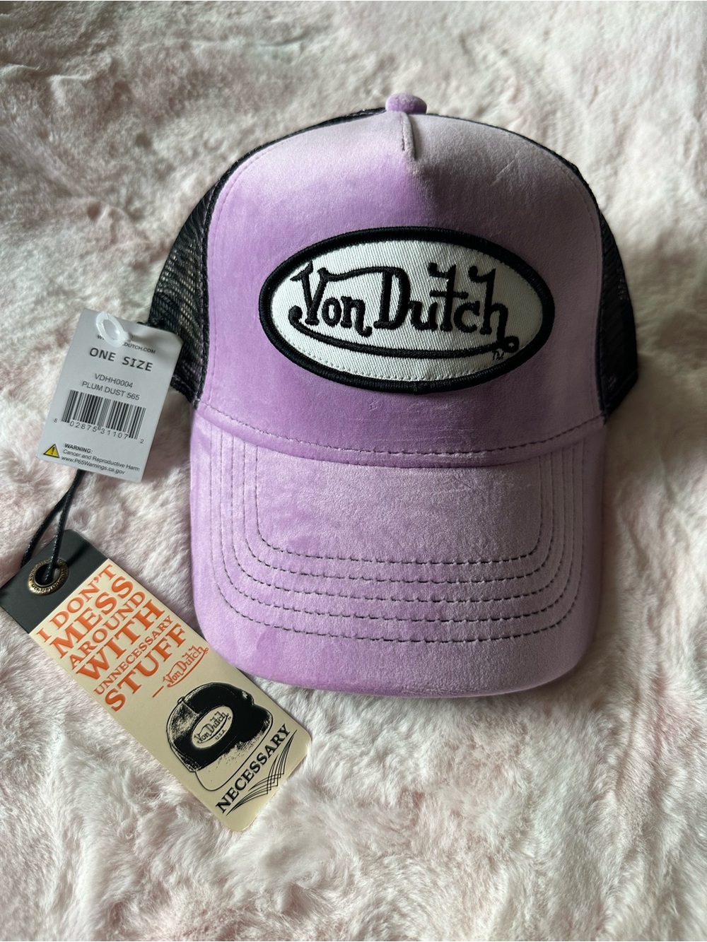 Von Dutch Purple Lavender and Black Suede Mesh Logo Trucker Hat Cap NWT
